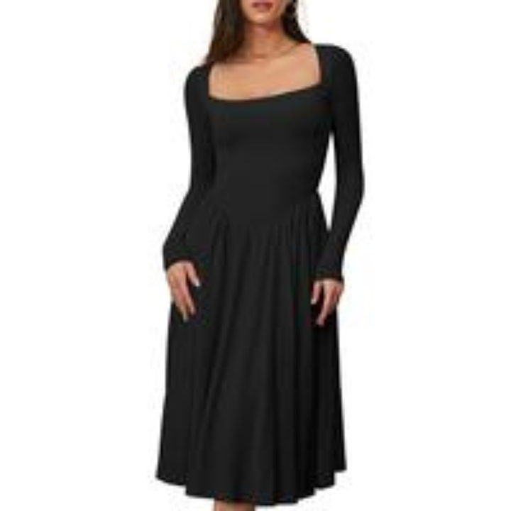 PAIGE™ - Robe midi intemporelle à manches longues et encolure carrée