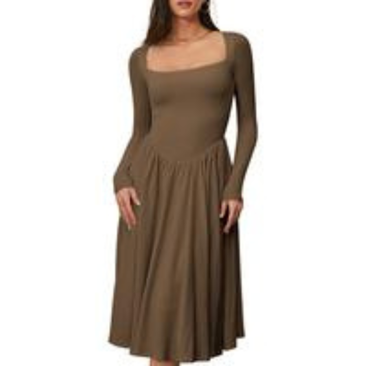 PAIGE™ - Robe midi intemporelle à manches longues et encolure carrée