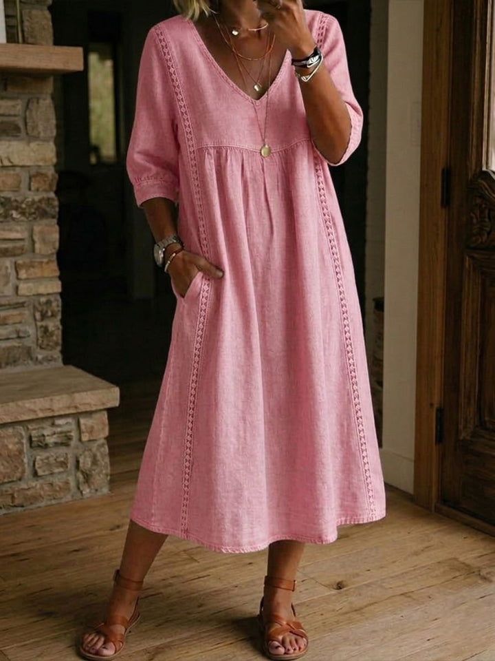 Lila - Robe Midi en Lin et Coton avec Dentelle